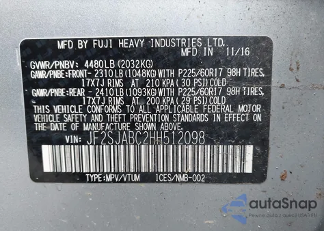 2017 Subaru Forester 2.5I z USA, uszkodzony, nr VIN JF2SJABC2HH512098